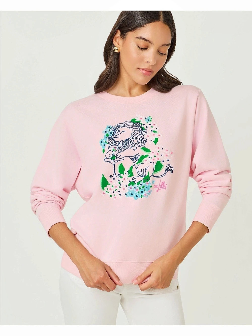 NWT Lilly Pulitzer Ballad Cotton Sweatshirt Embroidered Lion Pink Like New